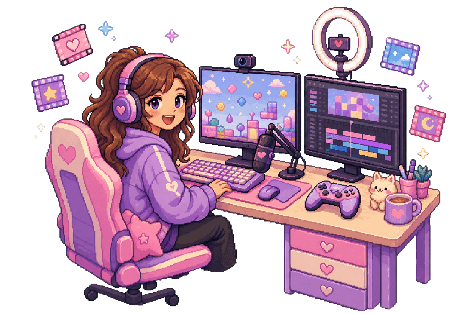 A pastel pixel gaming creator editing at a streaming desk
